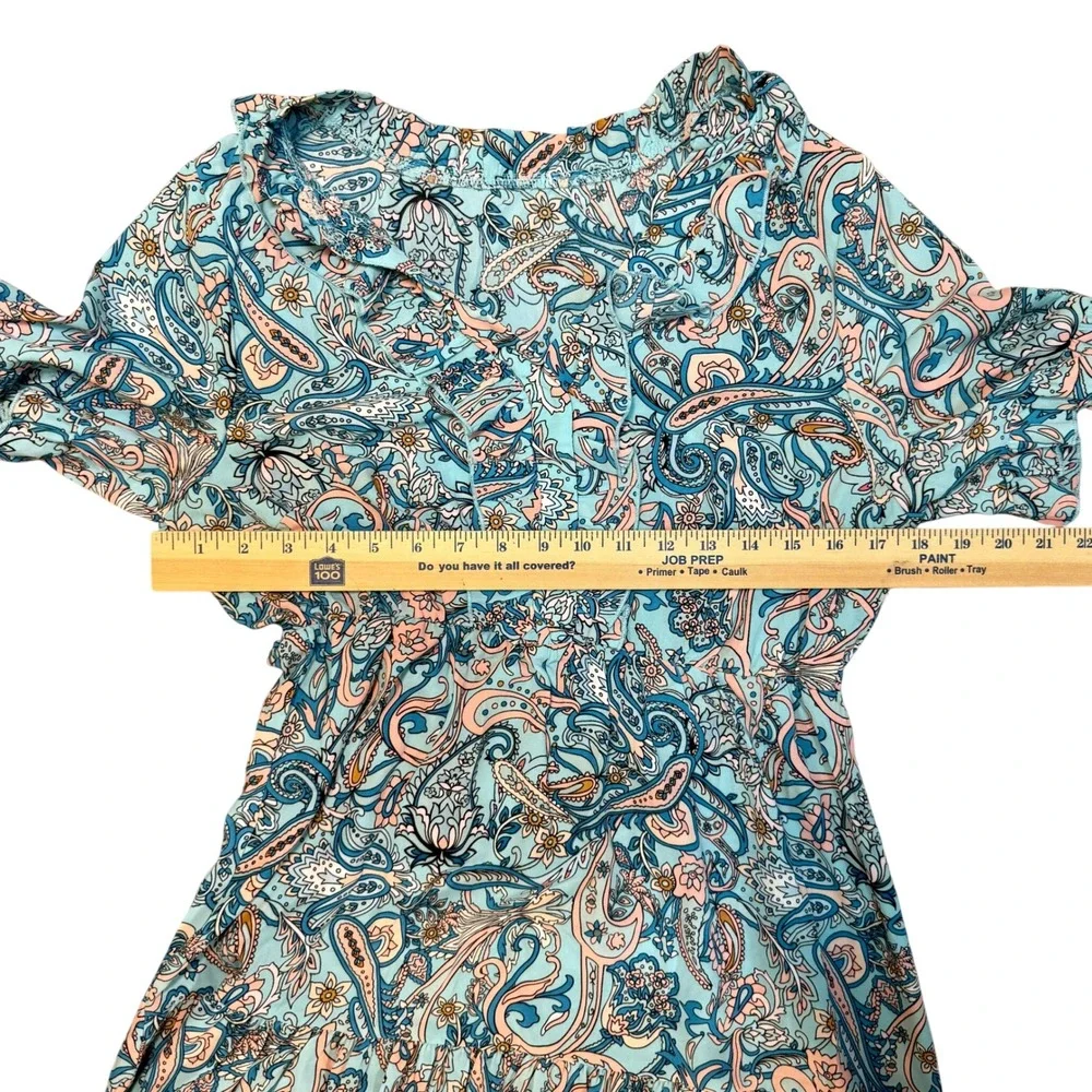Paisley Tiered Peasant Maxi Dress Turquoise‎ Peach Ruffle V-Neck Whimsigoth Boho